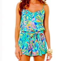 Lilly Pulitzer Deana Neon Bright Colorful Floral Clinched Waist Romper Womens XS