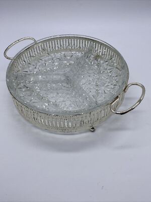 Vintage Snack-/Knabberschale aus geschliffenem Glas mit silbernem Metallständer 