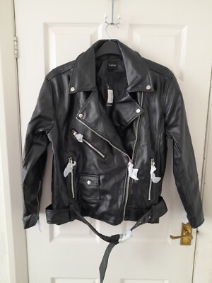 Boohoo Black Oversized Women Faux Leather Belted Bikers Jacket