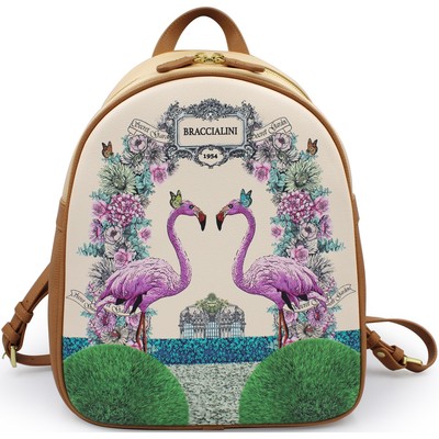 Braccialini designer women's beige backpack with flowers & pink flamingos M