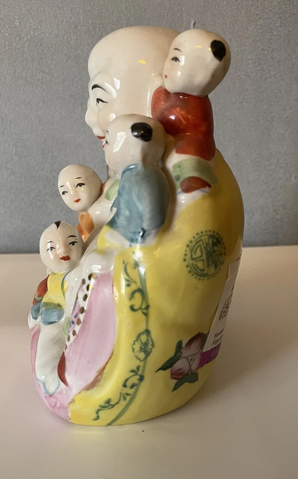 vintage chinese porcelain HAND PAINTED LAUGHING BUDDHA W/5 Children Figurine - Image 4 of 4