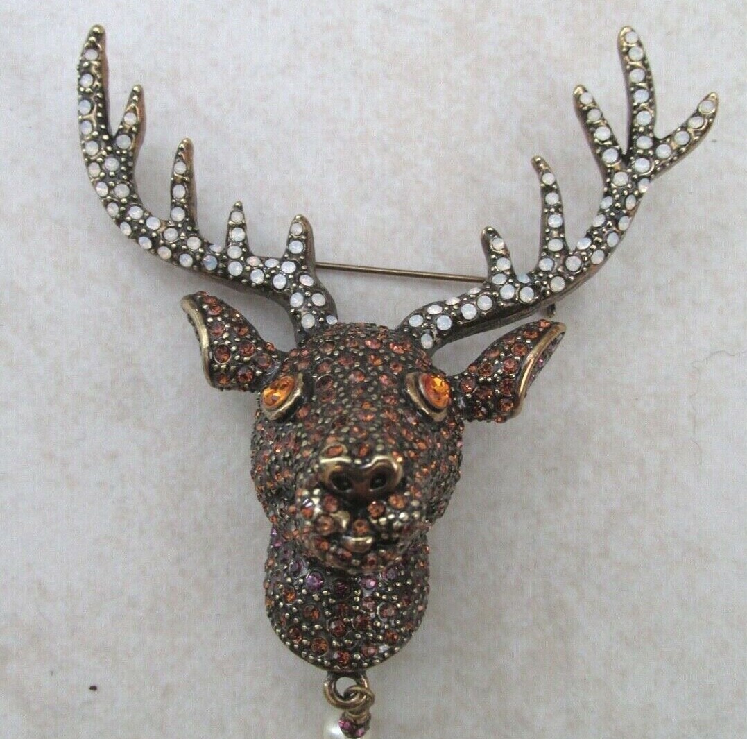 NEW HEIDI DAUS Rudy Reindeer Pin Crystal Accented Brooch with dangle pearl  | eBay