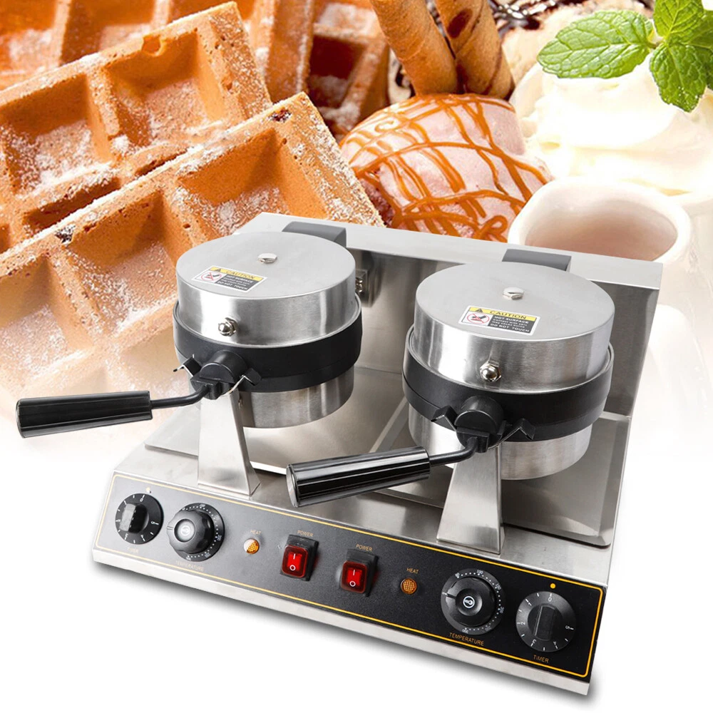 7" Dual Head Commercial Rotating Round Belgian Waffle Maker Non-Stick Breakfast