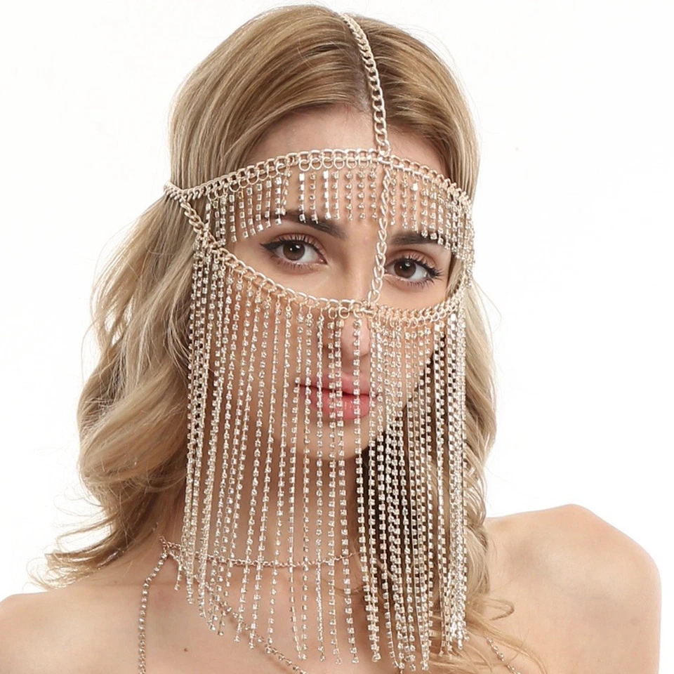 Women Veil Mask Handmade Headwear Rhinestone Chain Tassel Belly Dance Face Mask - Image 2 of 4