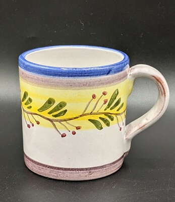 Fortuna Oficios Pottery 8oz MUG Hand Painted Vine Leaves Berries Blue Yellow Red