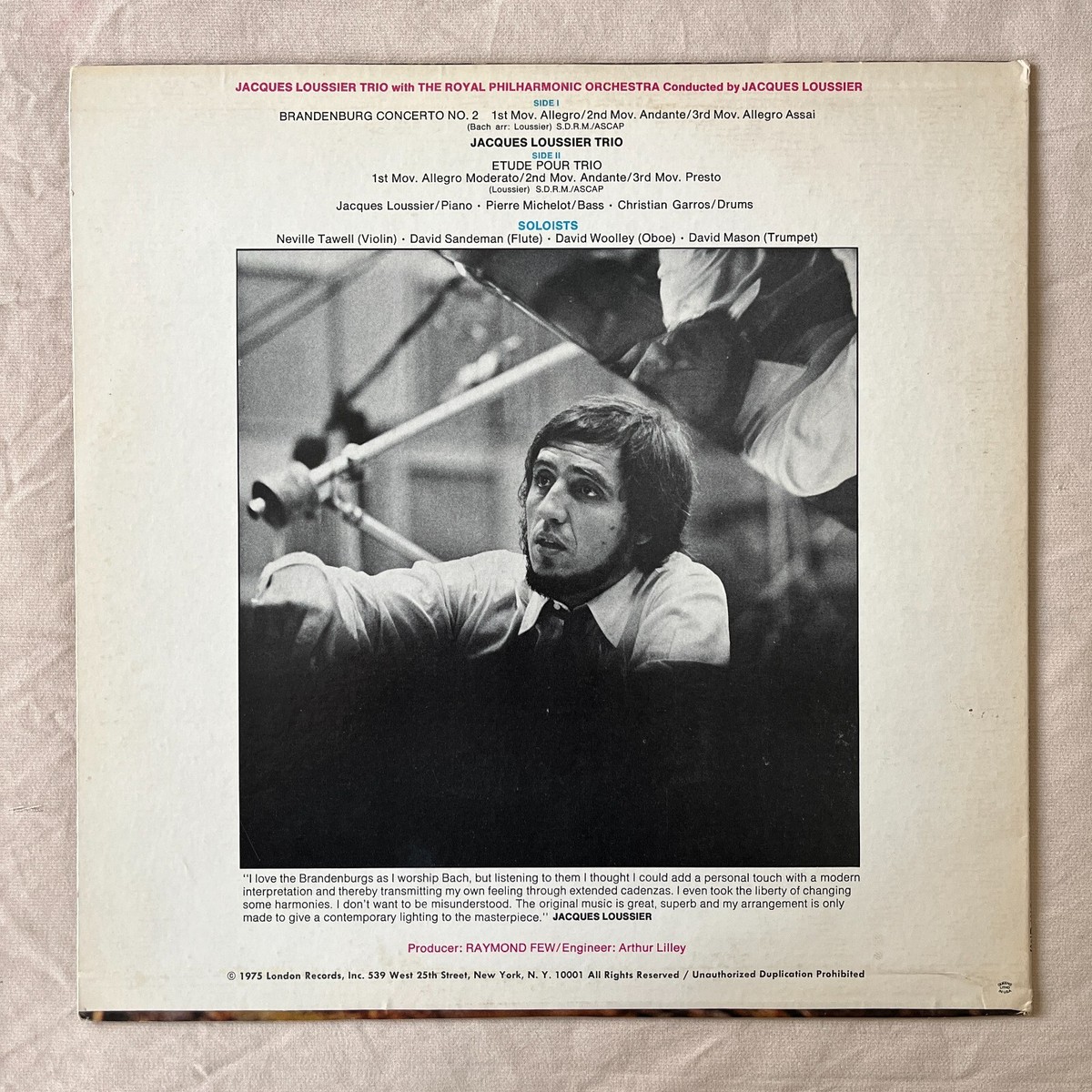 JACQUES LOUSSIER TRIO Brandenburg Concerto No 2 1975 LP London SPC