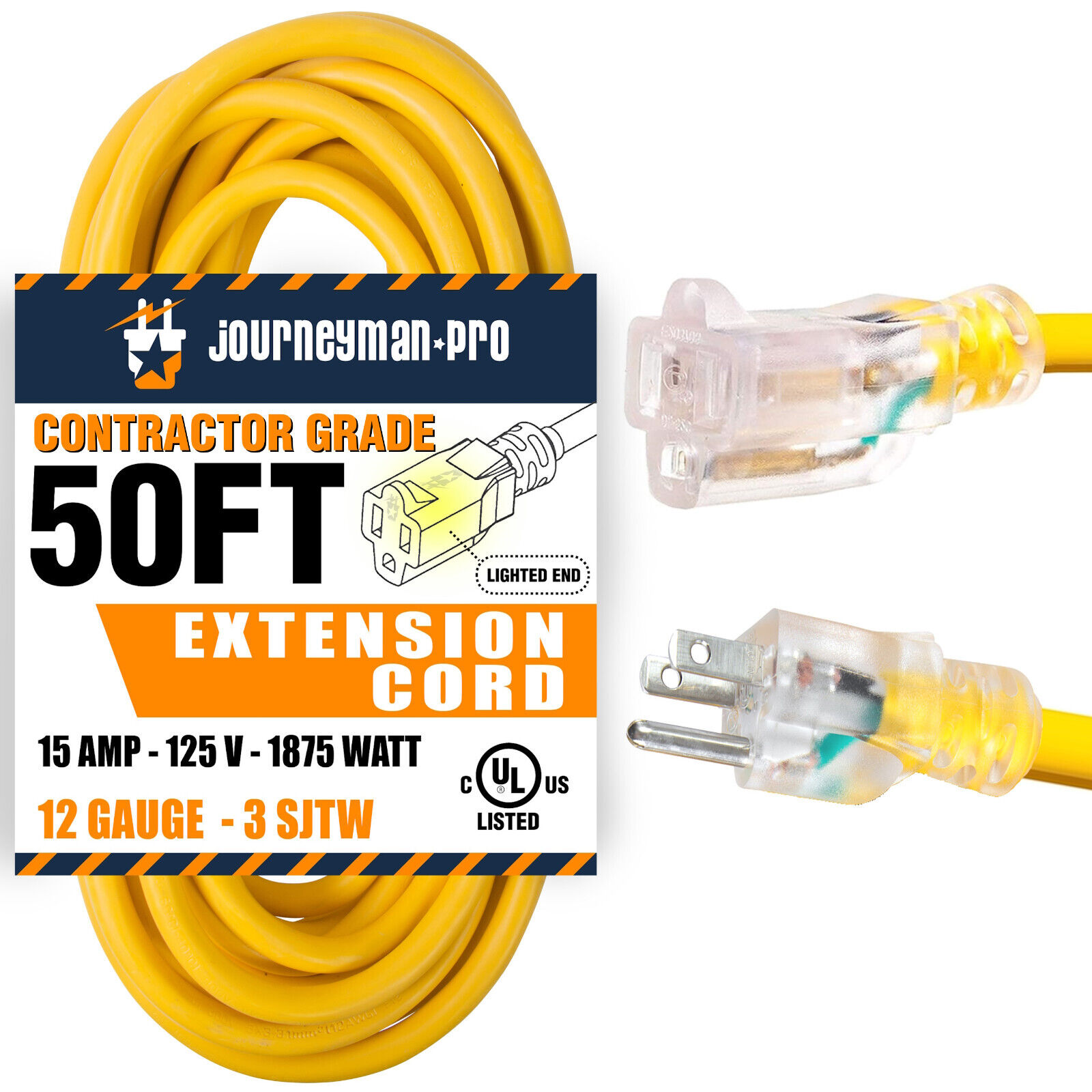 50FT 12AWG 15 AMP 120V Lighted Heavy Duty Contractor Extension Cord 12 Gauge  eBay