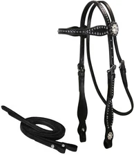Leather Starry Night Studded Horse Headstall & Matching Reins, Black, Full Horse
