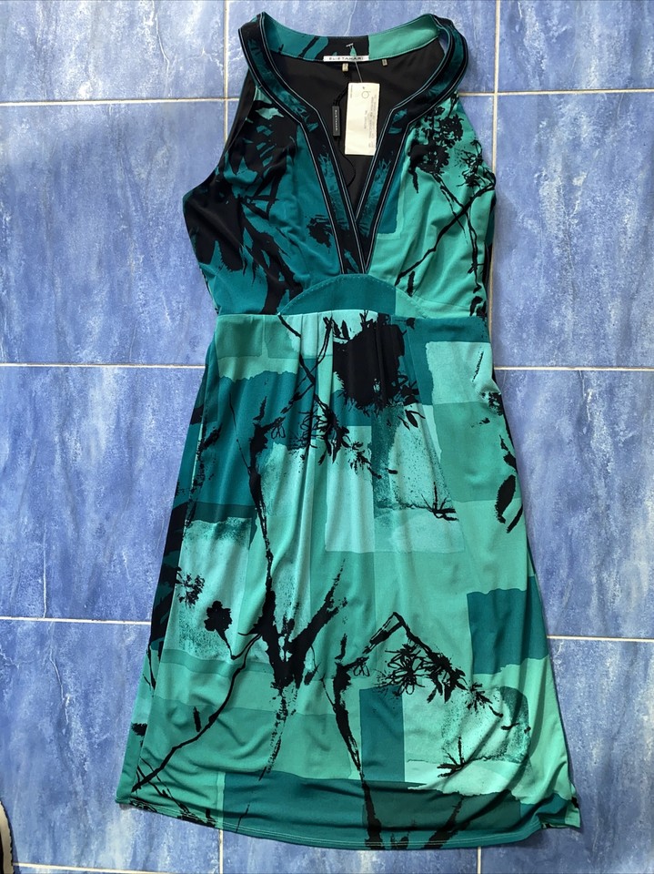 Elie Tahari Dress Size S Vintage Emerald Green Black Graphic Print Knit