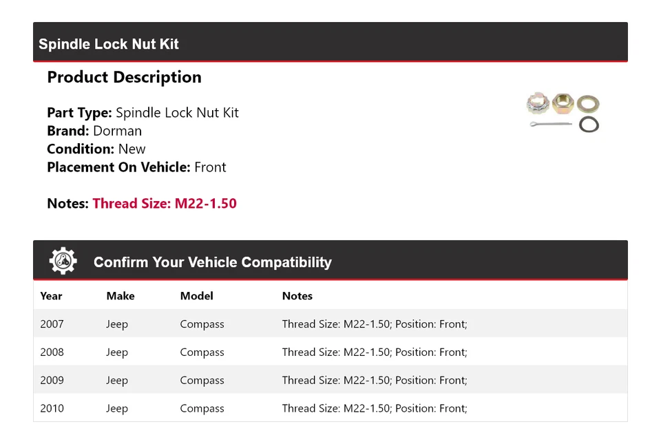 Kit de tuercas de bloqueo de husillo delanteras 2008 2009 para Jeep Compass Dorman 2007-2010 Foto 2 de 4