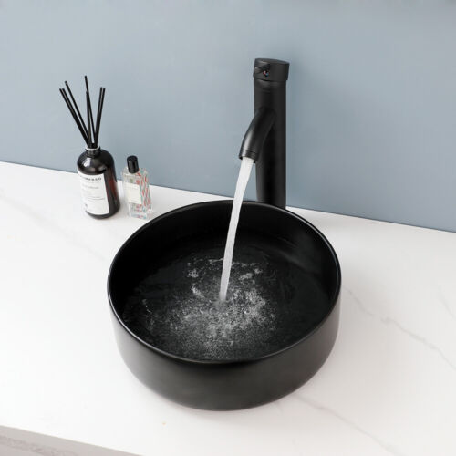 Bathroom Ceramic Vessel Sink Black Round Single Handle&Hole Mixer Deck Mount Tap - Picture 4 of 8