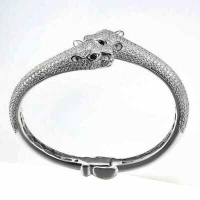 14K White Gold Plated Brass Round CZ Panther Bangle Bracelet Men