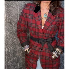 Vintage Red Plaid Wool Blazer with velvet collar buttons Sz 10