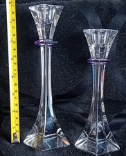 2 NATCHMAN CRYSTAL CLEAR AND PURPLE GLASS CANDLE STICKS SIGND TO BASES.NO DAMAGE