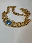Vtg Christian Dior 90s Aqua Blue Oval Crystal Chunky Gold Choker Necklace  — photo 2