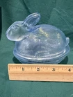 VTG LE Smith Blue Glass Bunny Rabbit on Basket Nest Covered Candy Dish