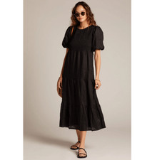 Faithfull the Brand Alberte Linen Black Puff Sleeve Midi Dress Smocked Size 4