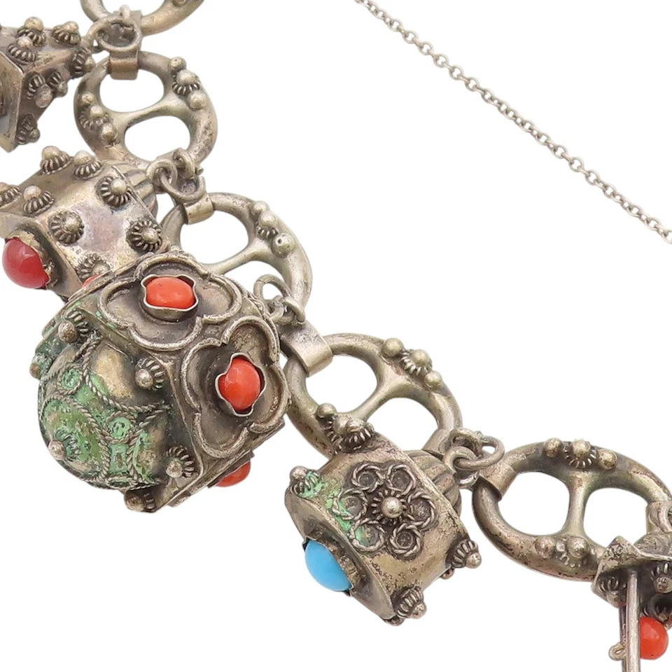 Pulsera de plata de ley 925 vintage con múltiples piedras preciosas eslabón antiguo BT11603 Foto 3 de 4