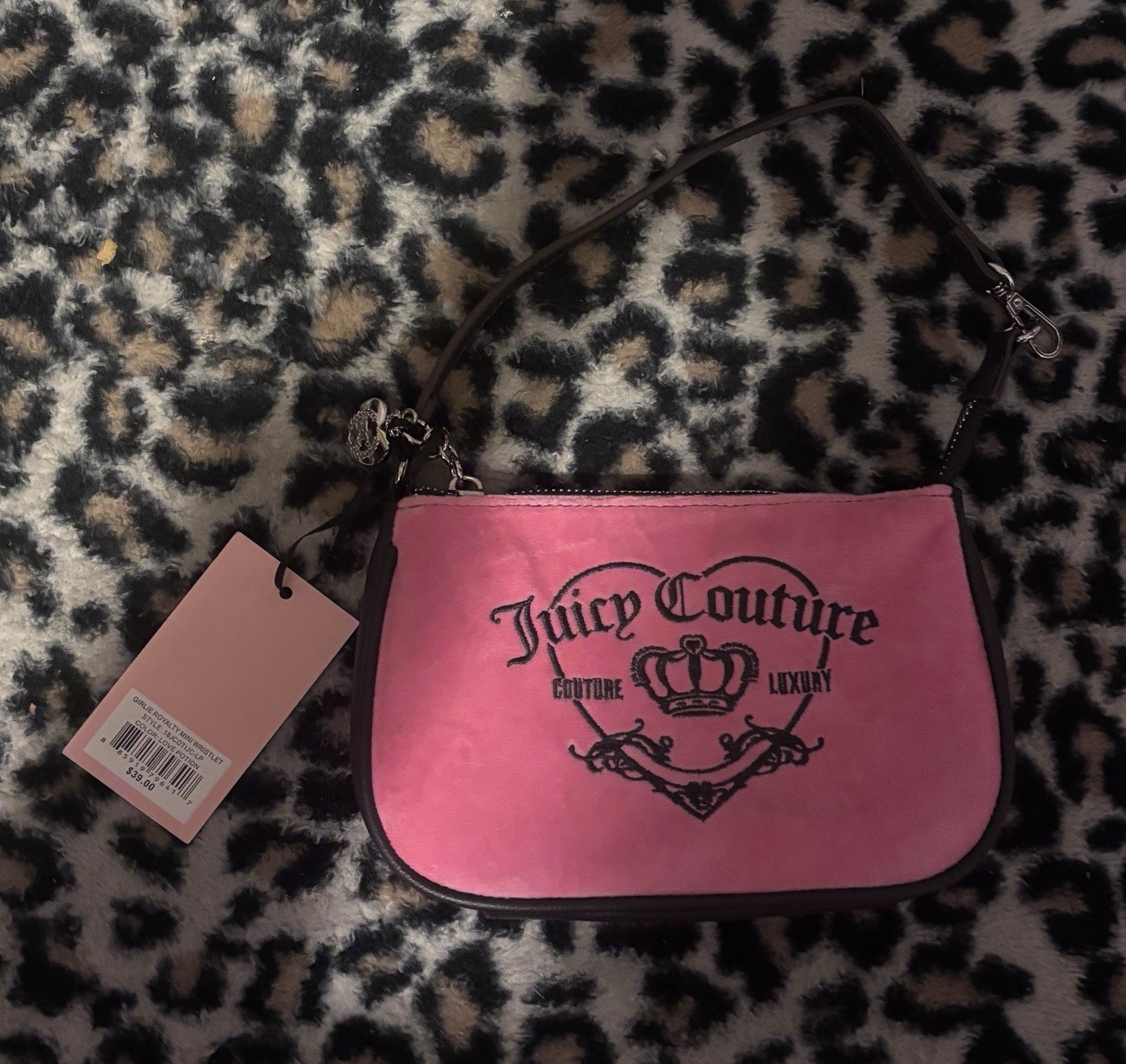 Juicy Couture Women's Pink Black Logo Heart Zip Shoulder Bag Detachable Strap