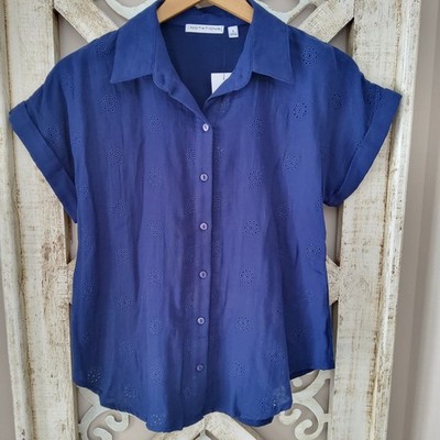 Notations Women's Small Short Sleeve Button Down Collar Top Blouse Floral Blue