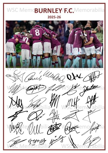 12201. 2025-26 Burnley Signed Team Photo Sheet (PRINTED AUTOGRAPH - A4)