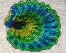 Peacock Art Glass Plate 15" Round Platter Vintage Bird 