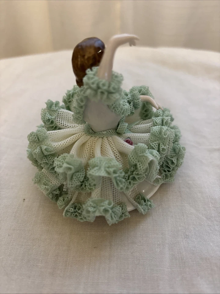 Dresden Lace Sitting Ballerina in Green Dress w/pink Roses - See Pics & Descript - Image 4 of 4