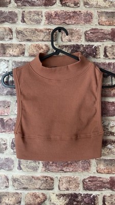 Kaiia Ladies High Neck Racerback Low Side Rib Crop Top In Cinnamon Size UK 10