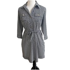 Tommy Hilfiger T Logo Button Down Shirt Dress Navy White Size Medium Tie Waist