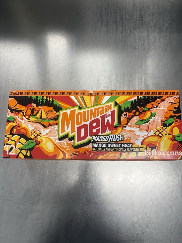 Mountain Dew Mango Rush 12 Pack 16 fl oz Cans Cardboard Packaging