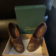Clarks Brown Leather Women's Slip-On Comfort Casual Shoes, Low Block Heel