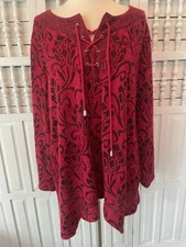 Catherine's women's 1X red black lace up casual travel long sleeve blouse, U18