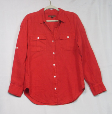 Tommy Bahama Linen Shirt Womens M Red Long Sleeve Button Up Roll Tab Pockets