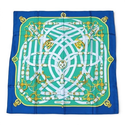 Hermes Scarf Carre 90 Cavalcadour Silk Green Blue Equestrian Design Japan