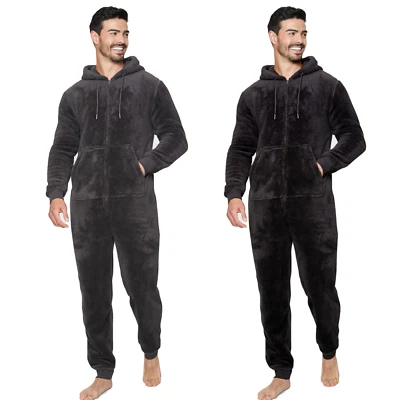 THEADBARE Men’s Thick Snuggle Warm Hooded Fleece 1Onesie Jumpsuit All-In-One ZipUp Pyjamas