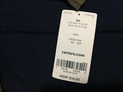 Carter's Boy's Brown Bear Cotton Zippered Front 3 Month *NEW* f1
