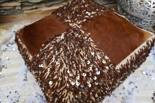 Moroccan Vintage Berber Wedding Blanket Cowhide Handira Pouf Sequin Floor Pillow - Picture 8 of 10
