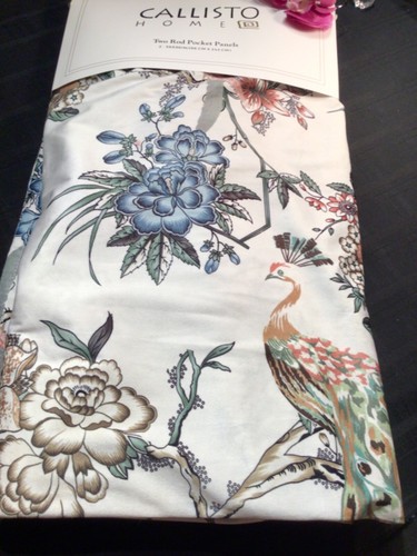 Callisto Home Peacock Bird Window Curtains Panels 38 X 96” Set of 2 Ivory Drapes