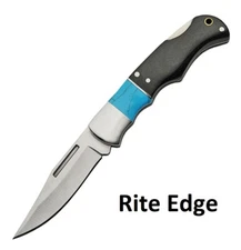 Rite Edge pocket knife Lockback Black Wood Turquoise Handle EDC Free Ship USA 