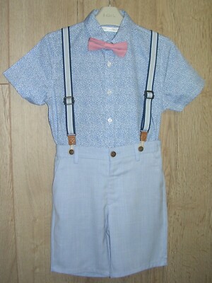 Next Boys Blue Floral Shirt Shorts Braces Pink Dickie Bow Tie Age 6-7  Wedding UK