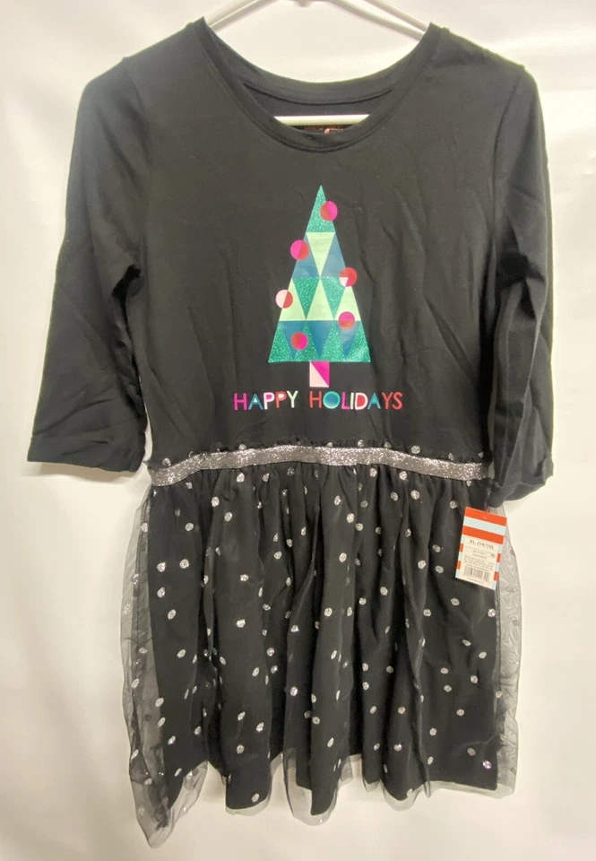 Nuevo con etiquetas Vestido Cat & Jack Negro Brillante Feliz Fiesta Navidad Niña 14-16 Foto 2 de 2