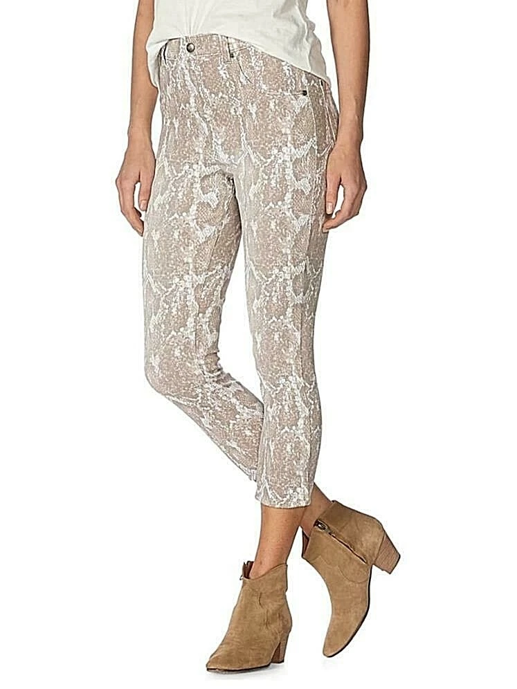 Hue Faded Python Denim High Rise Capri Leggings M Taupe Free Shipping NWT