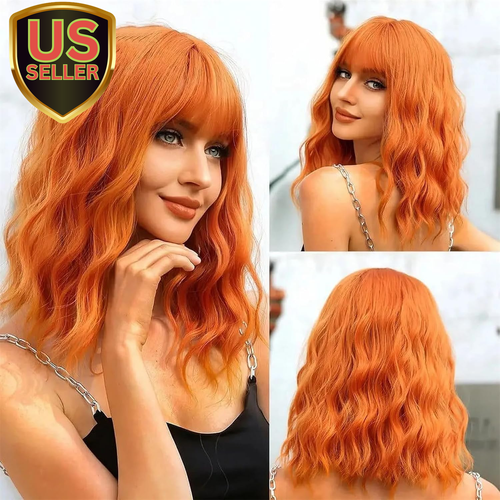 14 Inches Dark Orange Wig with Air Bangs for Women Girls Short Loose Curly Wavy - Picture 7 of 9