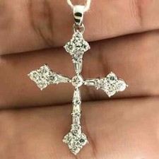 925 Argento Rotondo Taglio Diamanti Finti Croce Catenina Ciondolo 14k Oro Bianco