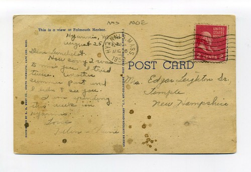 Falmouth MA Mass 1952 linen postcard, Pleasure Boats in Harbor, docks - Picture 2 of 2