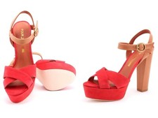 Pour La Victoire Women's Neysa CORAL RED Saddle Brown Platform Sandal High Heels