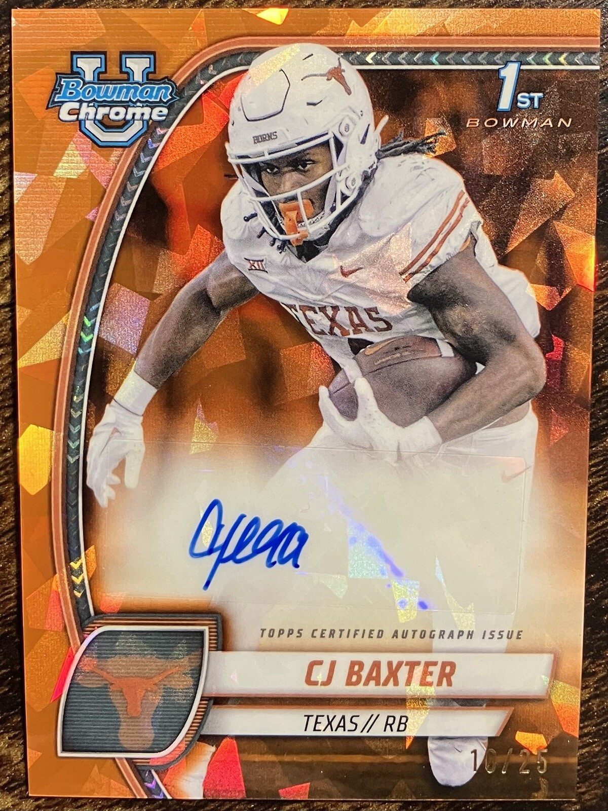 2024 Bowman University Chrome Sapphire CJ Baxter Orange Auto /25 PA-CBA Texas