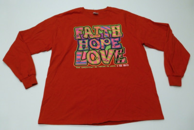 Gilden Mens or Womens Size XL Red Pre Shrunk Cotton Faith Hope Love T Shirt New