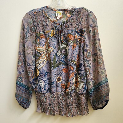 Fig & Flower Top Womens Medium Oyster Floral Long Bell Sleeve Front Tie Gathered