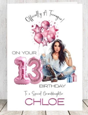 SYLVI DEL ART 13th Personalised Birthday Card A5 size Teenager Granddaughter Daughter Girl